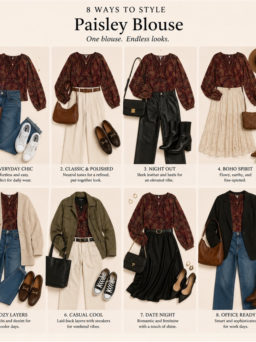 Women's Long-Sleeve V-Neck Paisley Blouse in Burgundy - Timeless Print